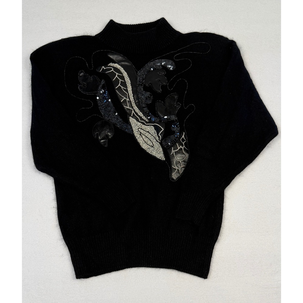I.B. Diffusion Vintage Silk Angora Sweater Black Applique Sequin Mock Neck L